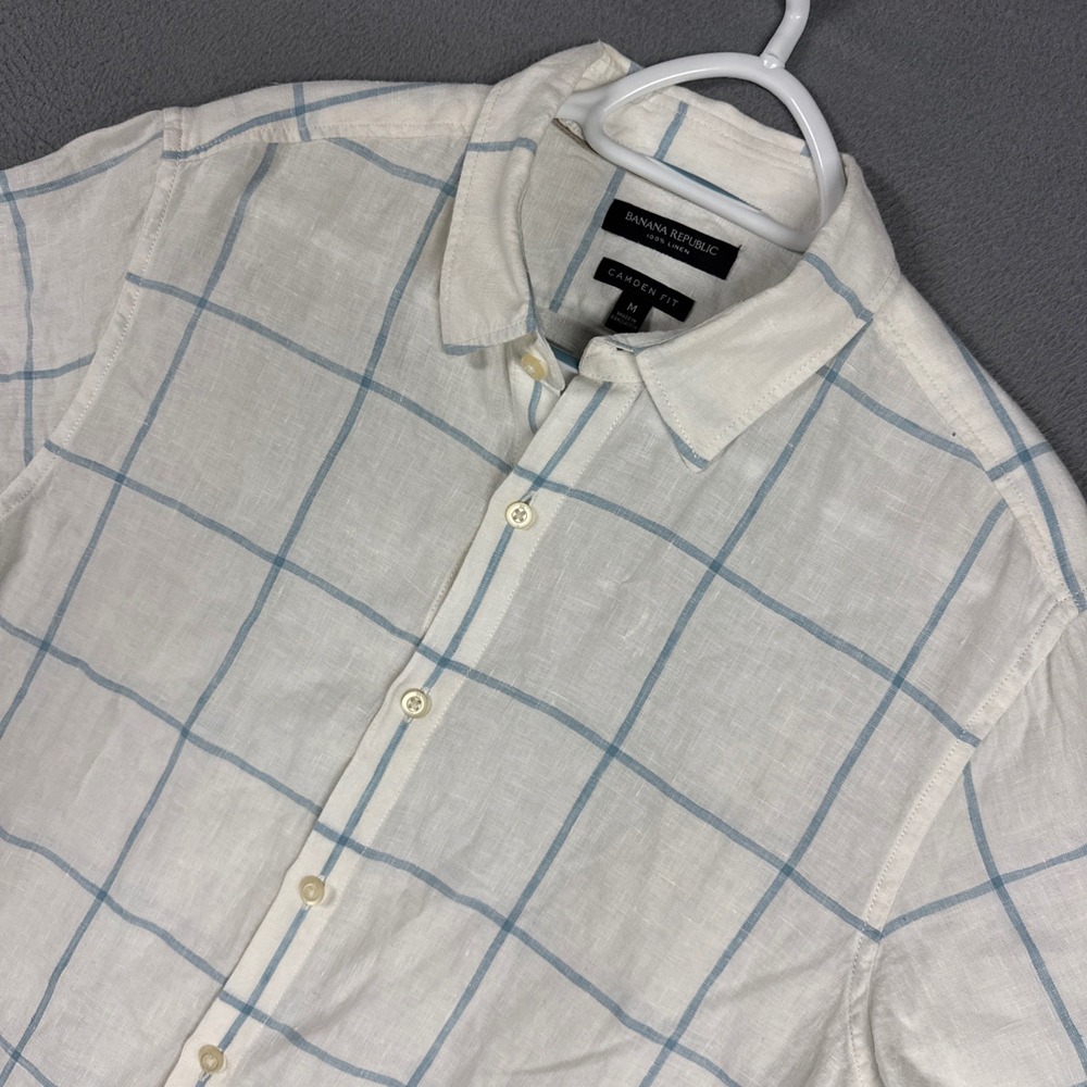 Banana Republic Shirt Mens Medium White Blue Windowpane Camden Fit Button Linen